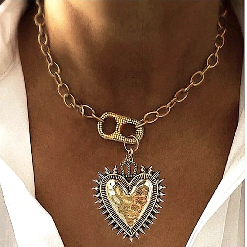 Gold Heart Pig nose Chain Link Necklace Boho Vintage Exaggerated Overs…